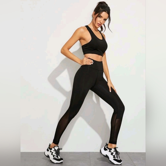 Yoga Trendy Contrast Mesh Wide Band Waist Sports Leggings Size Medium - Picture 5 of 5